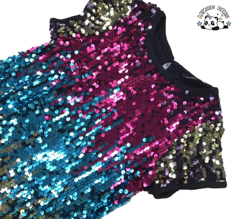 LEZONKIDS - Custom Gradient Sequin Dress Kids Round Neck Ball Gown Fancy Layered Design Girls Dress